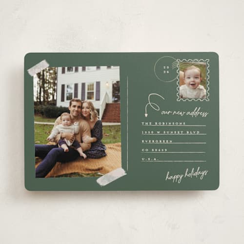 This is a spruce holiday photo cards with standard by Gwen Bedat called return address printing on recycled smooth signature in standard