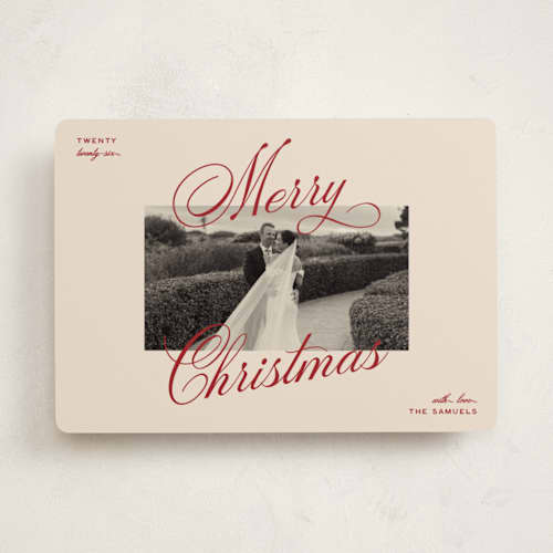 This is a burgundy holiday photo cards with standard by Ellen Schlegelmilch called vintage cinema printing on recycled smooth signature in standard