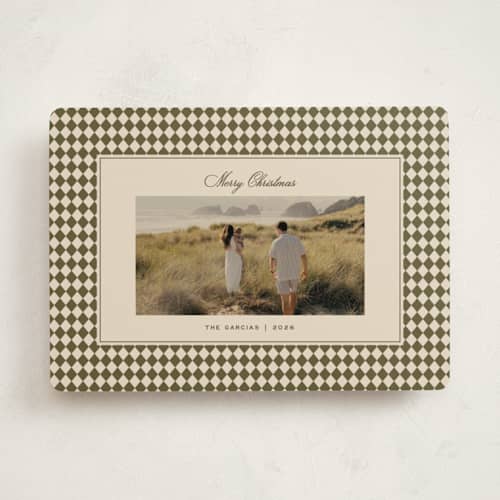 This is a olive holiday photo cards with standard by Ellen Schlegelmilch called mini argyle printing on recycled smooth signature in standard