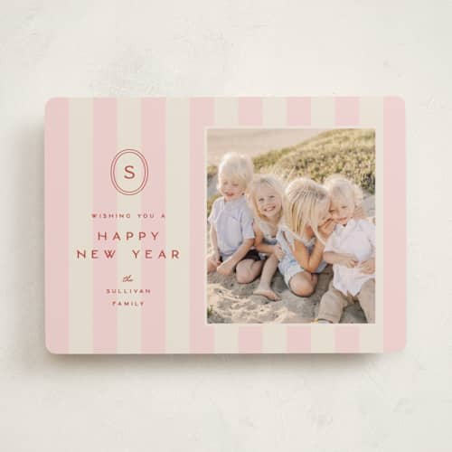 This is a candy cane holiday photo cards with standard by Ellen Schlegelmilch called monogram christmas stripes printing on recycled smooth signature in standard