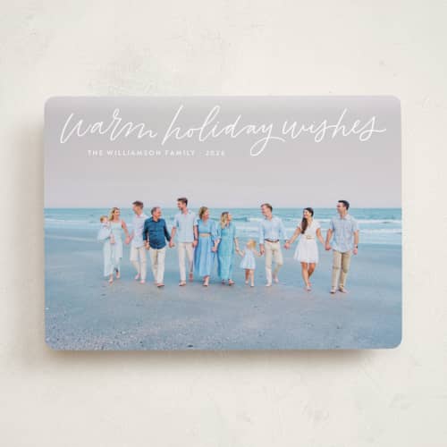 This is a snow holiday photo cards with standard by Kristen Magee called warm holiday wishes script printing on recycled smooth signature in standard