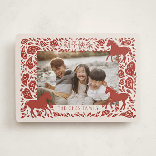 This is a crimson chinese new year cards with standard by Katharine Watson called papercut horse printing on recycled smooth signature in standard