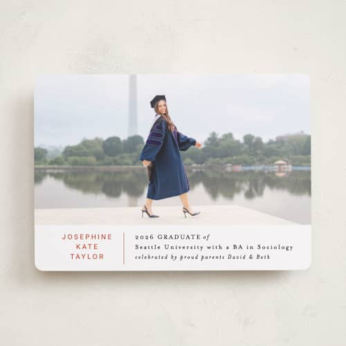 This is a tangerine graduation announcements with standard by Alethea and Ruth called simply stated printing on recycled smooth signature in standard