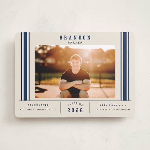 This is a navy graduation announcements with standard by Sarah Rosenthal called mvp printing on recycled smooth signature in standard