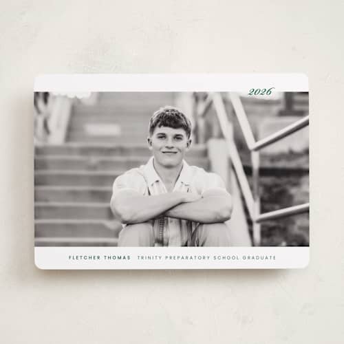 This is a forest graduation announcements with standard by Sara Hicks Malone called deerfield printing on recycled smooth signature in standard