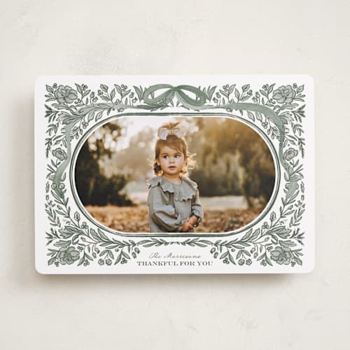 This is a sage thanksgiving cards invitations with standard by Jenna Holcomb called autumn greenery frame printing on recycled smooth signature in standard