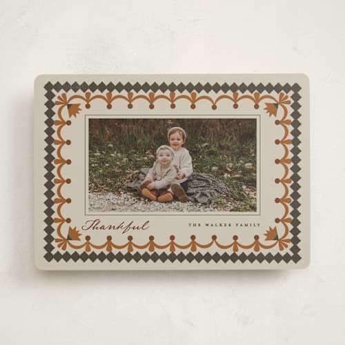 This is a pumpkin thanksgiving cards invitations with standard by Maja Cunningham called vintage folk border printing on recycled smooth signature in standard