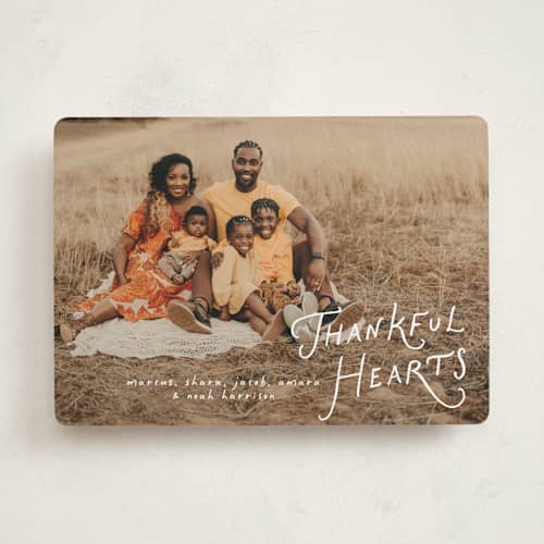 This is a powder thanksgiving cards invitations with standard by Erin L. Wilson called our thankful hearts printing on recycled smooth signature in standard