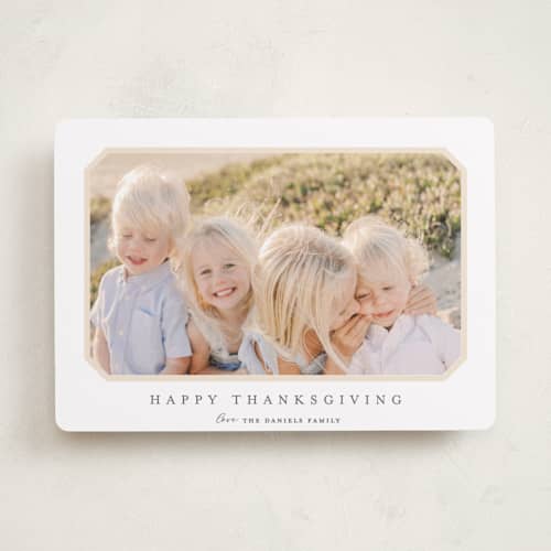This is a buttercream thanksgiving cards invitations with standard by Carolyn MacLaren called vintage bevel printing on recycled smooth signature in standard
