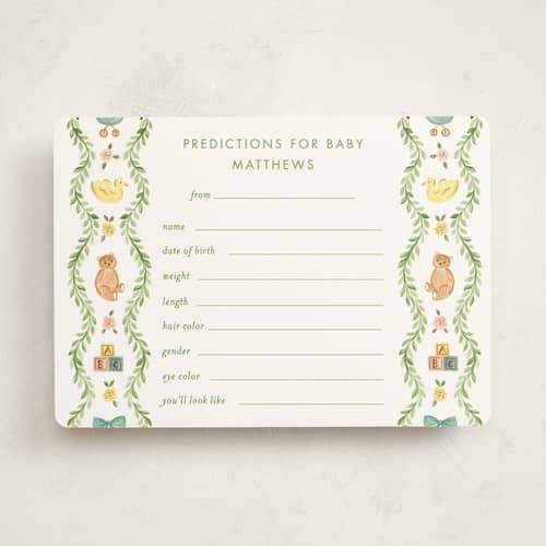 This is a leaf baby shower game activity cards with standard by Sarah Knight called wave printing on signature in standard