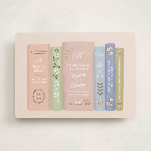 This is a sprinkles foil stamped baby shower invitations with foil pressed by Leah Bisch called a new chapter printing on signature in standard