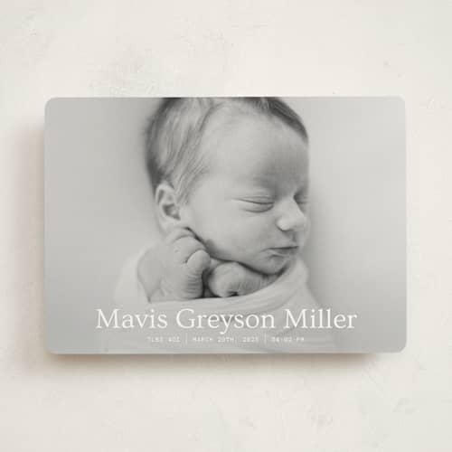 This is a snow birth announcements with standard by Bramble Studio called simple in serif printing on signature in standard
