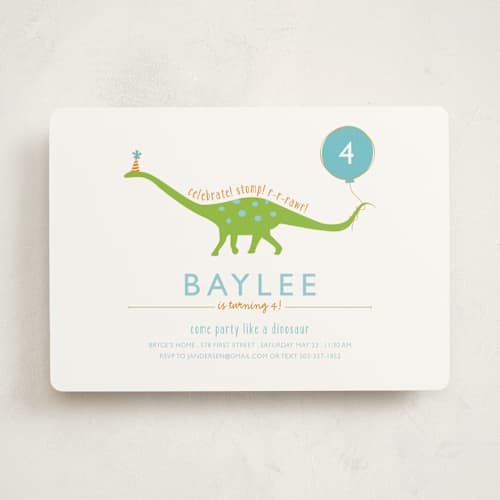 This is a lake kids birthday invitations with standard by freckle fish called party like a dinosaur printing on signature in standard
