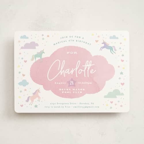 This is a bubblegum kids birthday invitations with standard by Jennifer Wick called unicorn dreams printing on signature in standard