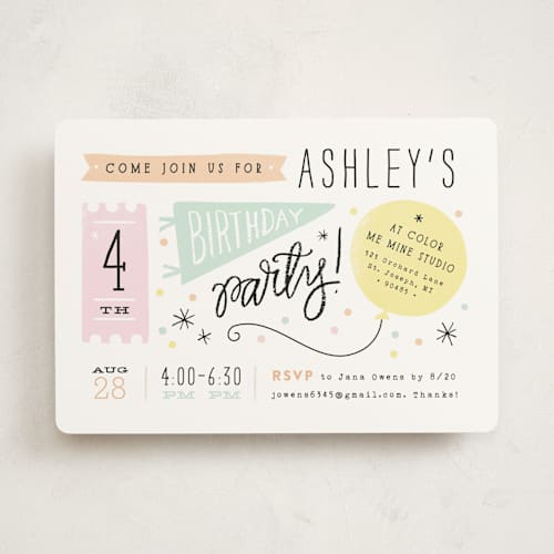 This is a cotton candy kids birthday invitations with standard by Jennifer Wick called details details printing on signature in standard
