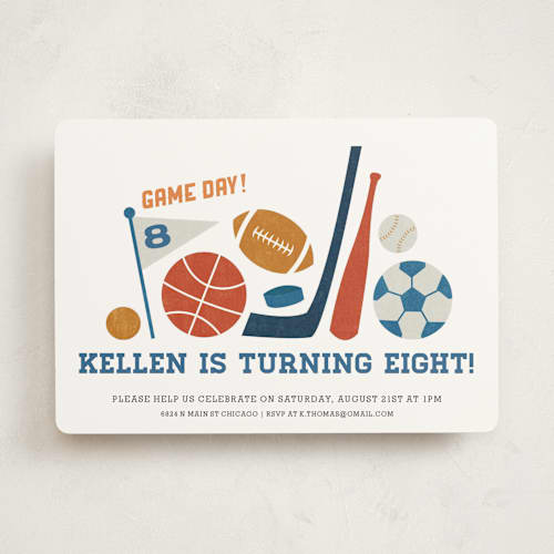 This is a navy kids birthday invitations with standard by Jessie Steury called game day printing on signature in standard