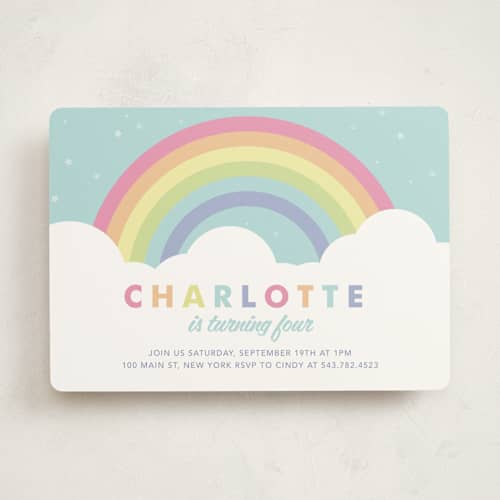 This is a mint kids birthday invitations with standard by Maria Alou called pastel rainbow sparkles printing on signature in standard
