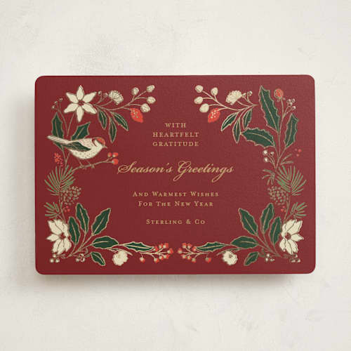 This is a garnet business holiday cards with foil pressed by Sabrin Deirani called botanical gratitude printing on signature in standard