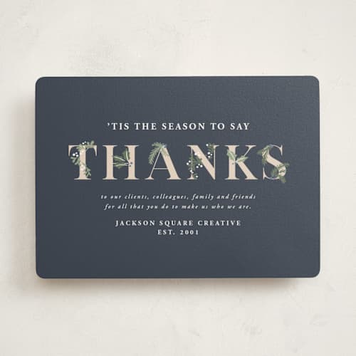 This is a navy business holiday cards with standard by Meggy Masters called adorned thanks printing on signature in standard