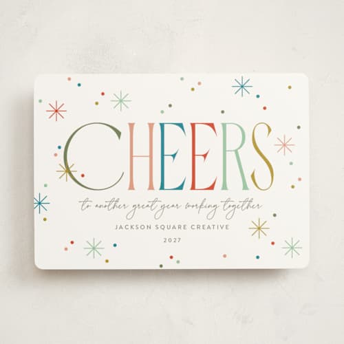 This is a confetti business holiday cards with standard by Robert and Stella called cheers to you! printing on signature in standard