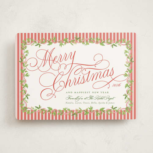 This is a cranberry business holiday cards with standard by Erika Firm called holly ribbon printing on signature in standard