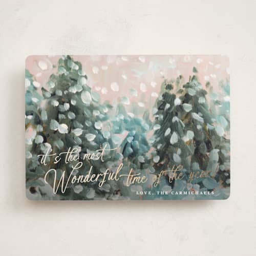 This is a snow foil pressed holiday cards with foil pressed by Lindsay Megahed called wonderful time printing on signature in standard