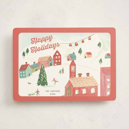 This is a berry non photo holiday cards with standard by Teju Reval called festive village printing on signature in standard