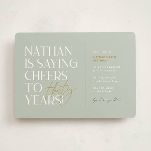 This is a sage party invitations with standard by Stephanie Hawkes called cheers! printing on signature in standard