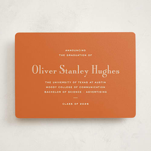 This is a burnt orange graduation announcements with standard by Megan Davis called campus printing on signature in standard