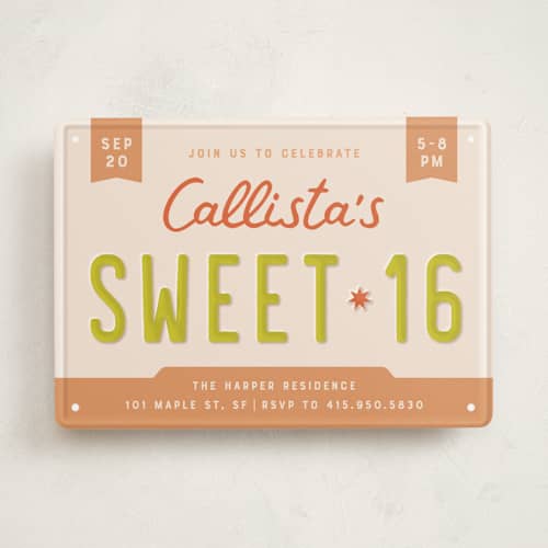 This is a citrus sweet sixteen birthday party invitations with standard by taylorVdesign called license plate printing on signature in standard