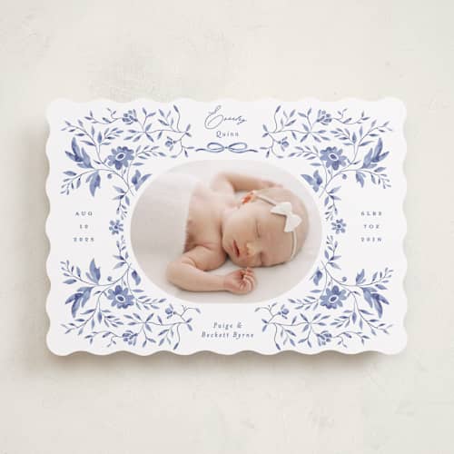 This is a bluebird birth announcements with standard by Susan Zinader called daisy toile printing on recycled smooth signature in standard