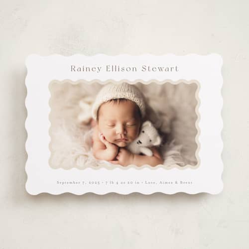 This is a oatmeal birth announcements with standard by Jennifer Wick called applique printing on recycled smooth signature in standard