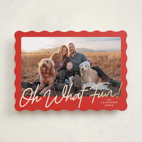 This is a crimson foil pressed holiday cards with foil pressed by Karidy Walker called oh what fun script printing on recycled smooth signature in standard