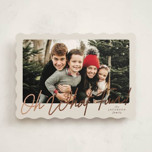 This is a linen foil pressed holiday cards with foil pressed by Karidy Walker called oh what fun script printing on recycled smooth signature in standard