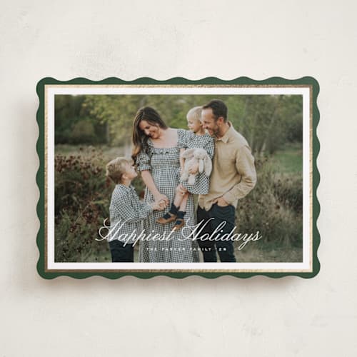 This is a forest foil pressed holiday cards with foil pressed by Kelly Schmidt called minimal border printing on recycled smooth signature in standard