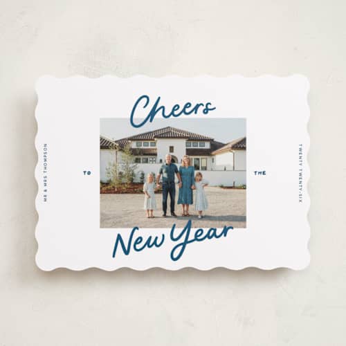 This is a blue jeans new year photo cards with standard by Abbigail Lim called a simple cheers printing on recycled smooth signature in standard