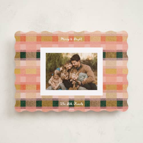 This is a apricot holiday photo cards with standard by Carrie Moradi called festive checked plaid printing on recycled smooth signature in standard