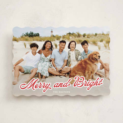 This is a cranberry holiday photo cards with standard by Sara Hicks Malone called b r i g h t printing on recycled smooth signature in standard
