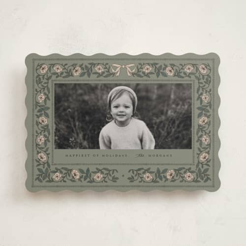 This is a olive holiday photo cards with standard by Kasia Sikorska called embroidered vine printing on recycled smooth signature in standard