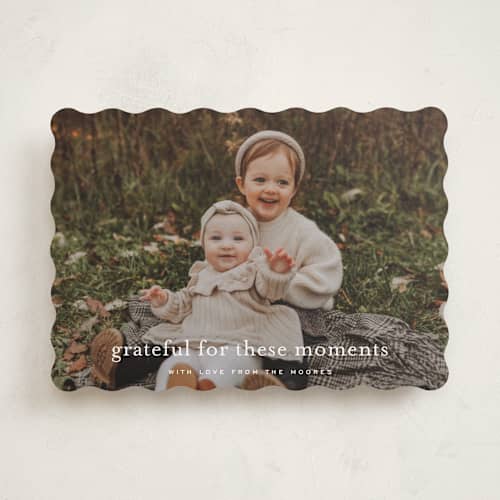This is a powder thanksgiving cards invitations with standard by Sara Hicks Malone called grateful moments printing on recycled smooth signature in standard