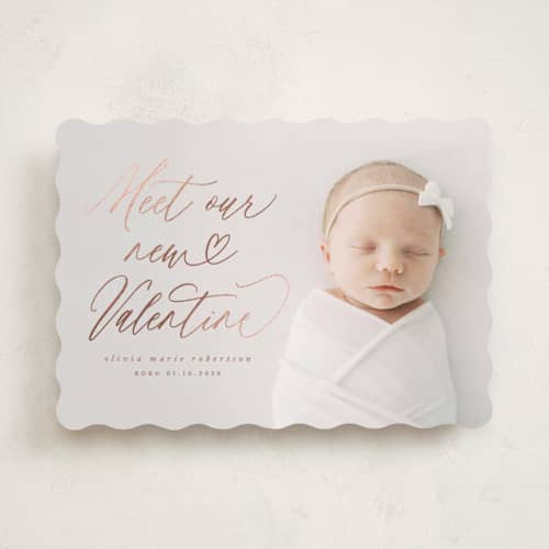 This is a blush foil stamped valentine cards with foil pressed by Stacy Maalouf called meet our new valentine printing on recycled smooth signature in standard