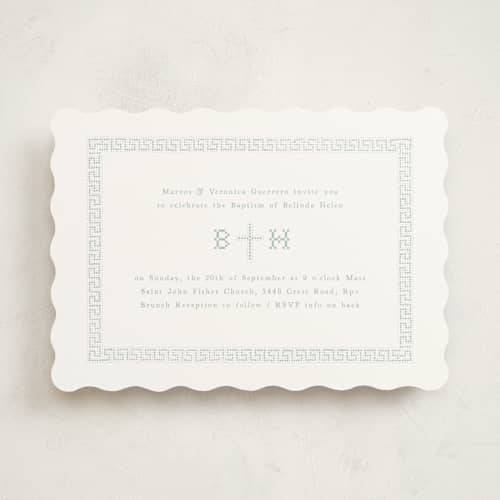 This is a jade baptism and christening announcements with standard by Becky Nimoy called cross stitch printing on signature in standard