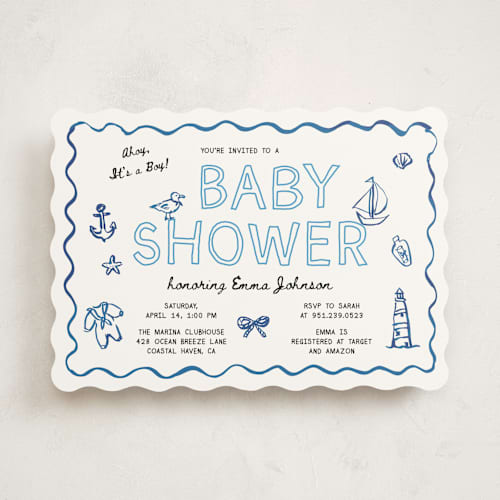 This is a denim baby shower invitations with standard by Cass Loh called nautical doodles printing on signature in standard
