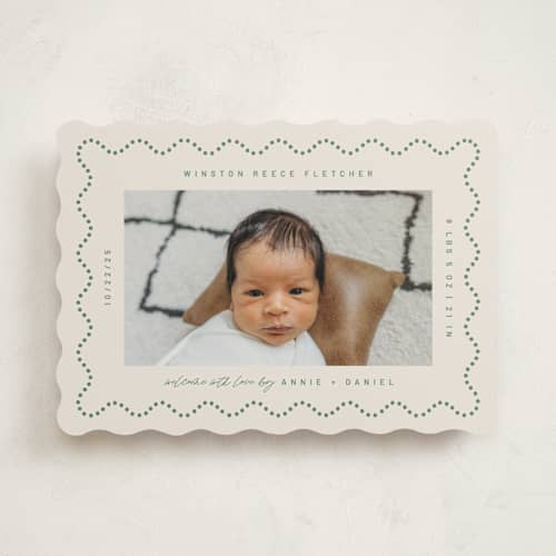 This is a moss birth announcements with standard by Kelly Watkins called squiggle: landscape printing on signature in standard