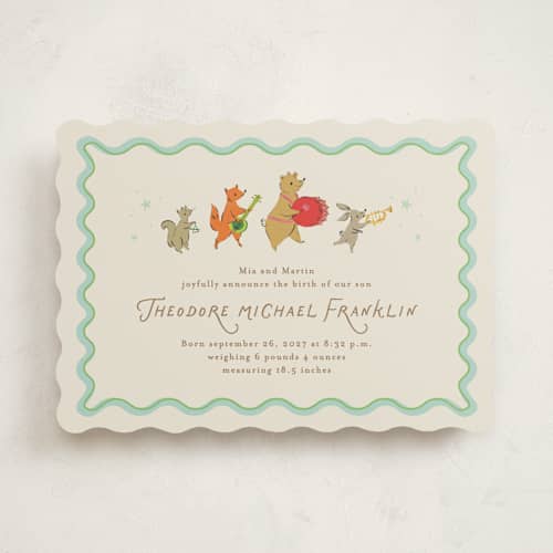 This is a sage birth announcements with standard by Jackie Crawford called woodland jamboree printing on signature in standard