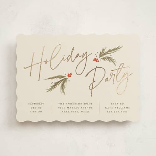 This is a cream holiday party invitations with foil pressed by Robert and Stella called holiday script printing on signature in standard