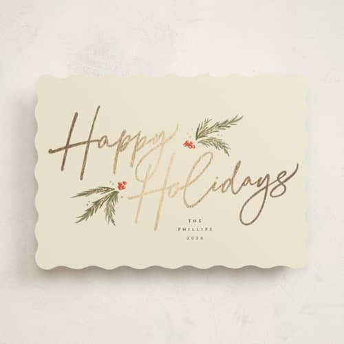 This is a eggnog foil pressed holiday cards with foil pressed by Robert and Stella called holiday script printing on signature in standard