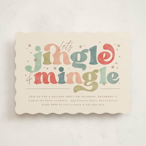 This is a pine needles holiday party invitations with standard by Creo Study called jingle and mingle type printing on signature in standard