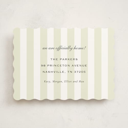 This is a mint moving announcements with standard by Sara Hicks Malone called stripe move printing on signature in standard