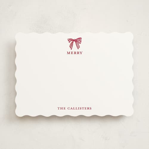 This is a candy cane personalized stationery thank you cards with standard by Mere Paper called stamped with a bow printing on signature in 5x7
